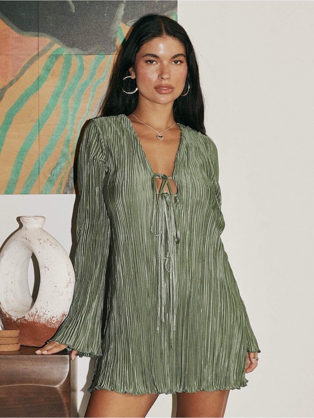 Princess Polly Olive Green Pleated Tie-Front Tunic